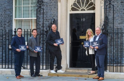 From left: Allen Simpson, Chief Executive at UKHospitality, Adam Hyman, Founder of CODE Hospitality, Chef Tom Kerridge, Emma McClarkin, Chief Executive at British Beer and Pub Association and Steve Alton, Chief Executive at British Institute of Innkeeping, deliver a petition with more than 400,000 signatures to 10 Downing Street in London in support of the #VATsTheProblem campaign, which calls for hospitality VAT to be reduced to 10 percent. Picture date: Tuesday October 13, 2026. Photo credit: Simon Jacobs/PA Media Assignments