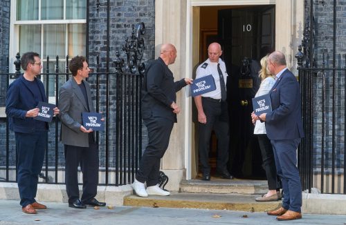 From left: Allen Simpson, Chief Executive at UKHospitality, Adam Hyman, Founder of CODE Hospitality, Chef Tom Kerridge, Emma McClarkin, Chief Executive at British Beer and Pub Association and Steve Alton, Chief Executive at British Institute of Innkeeping, deliver a petition with more than 400,000 signatures to 10 Downing Street in London in support of the #VATsTheProblem campaign, which calls for hospitality VAT to be reduced to 10 percent. Picture date: Tuesday October 13, 2026. Photo credit: Simon Jacobs/PA Media Assignments