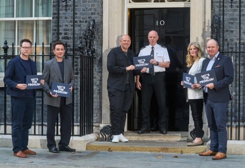 From left: Allen Simpson, Chief Executive at UKHospitality, Adam Hyman, Founder of CODE Hospitality, Chef Tom Kerridge, Emma McClarkin, Chief Executive at British Beer and Pub Association and Steve Alton, Chief Executive at British Institute of Innkeeping, deliver a petition with more than 400,000 signatures to 10 Downing Street in London in support of the #VATsTheProblem campaign, which calls for hospitality VAT to be reduced to 10 percent. Picture date: Tuesday October 13, 2026. Photo credit:: Simon Jacobs/PA Media Assignments